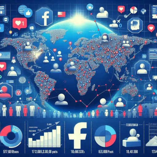 Representação gráfica do mundo conectado através das redes sociais, com ícones de notificações e estatísticas sobre um mapa mundial iluminado