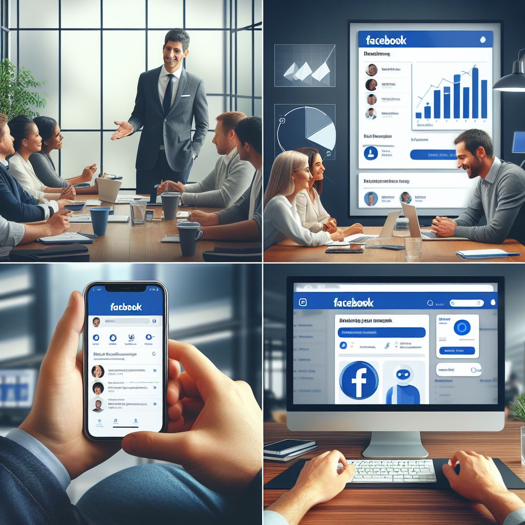 Colagem de quatro imagens relacionadas ao Facebook, incluindo uma reunião de negócios, gráficos de desempenho, e interfaces do usuário do Facebook em um smartphone e computador.