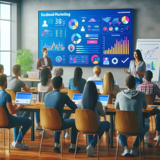 Sala de aula moderna com participantes focados em gráficos de marketing no Facebook exibidos em um grande monitor, com duas pessoas apresentando na frente da sala.