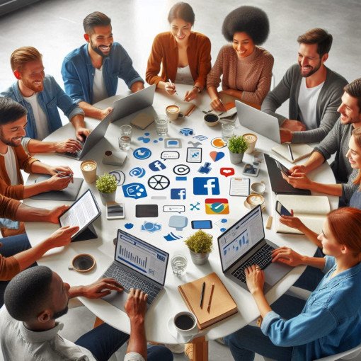 Grupo de pessoas sentadas em volta de uma mesa branca, discutindo ideias com laptops abertos e ícones de mídia social flutuando no centro da mesa, em um ambiente profissional iluminado.