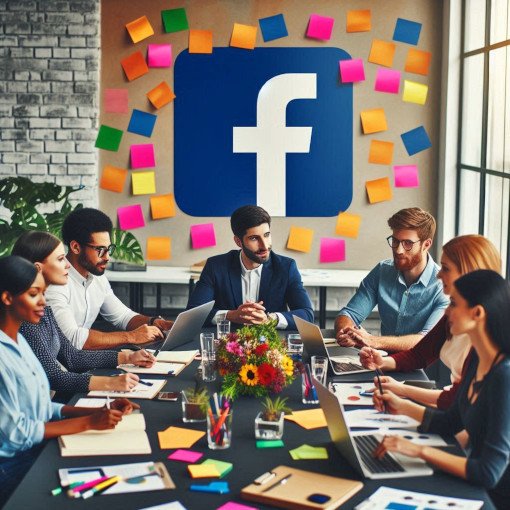 Equipe de trabalho colaborativo em torno de uma mesa com laptops e papéis, logo do Facebook na parede cercado por notas adesivas coloridas, em um ambiente de escritório.